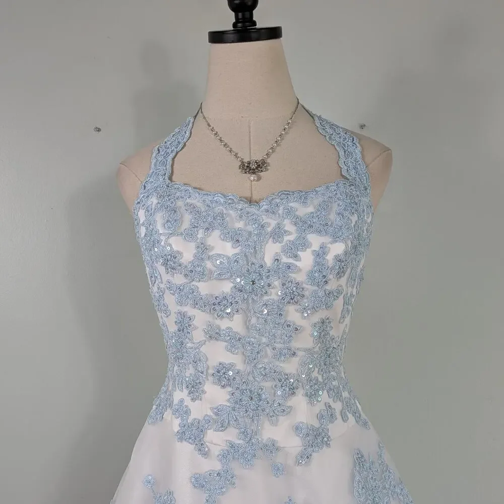 Vtg Jovani Prom Dress Maxi Gown 6 White Blue Y2K Fairy Princess Floral Wedding - Picture 5 of 16